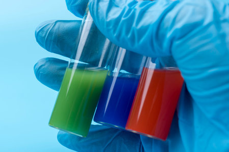 A gloved hand holds vials of different liquid inside on a blue background.の写真素材
