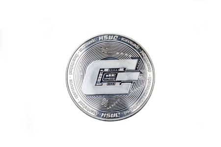 Silver bitcoin coin on white isolated background.の写真素材