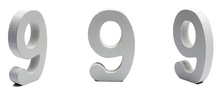 The number nine on a white background at different angles.