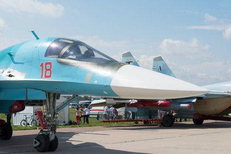 Russian military fighter aircraft at the international exhibition in Zhukovsky.