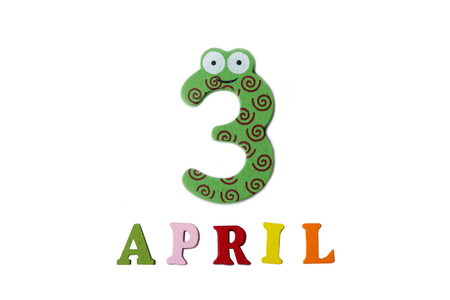 On April 3, the white background of numbers and letters. Calendar.の写真素材