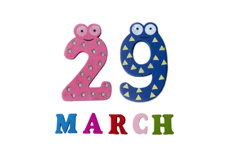 March 29 on white background, numbers and letters. Calendar.の写真素材