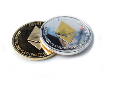 Single real coin from Cryptocurrency Ethereum Silver, isolated on white background. Modern currency.の写真素材