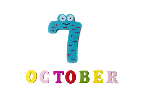 October 7 on white background, numbers and letters. Calendar.の写真素材