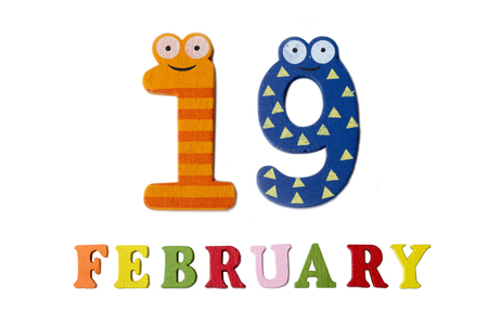 February 19 on white background, numbers and letters. Calendar.の写真素材