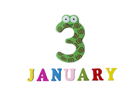 January 3, on a white background, numbers and letters. Calendar.の写真素材