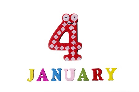 January 4 on white background, numbers and letters. Calendar.の写真素材