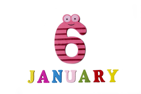 January 6 on white background, numbers and letters. Calendar.の写真素材
