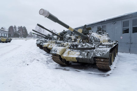 The average Soviet t-55 tank close-up in the Museum. Soviet military equipment.