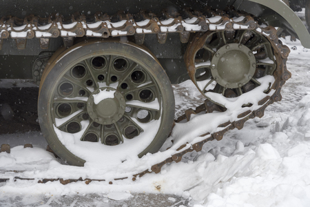 Crawler wheels of an old tank in the city Museum. The old technology of the USSR.の写真素材