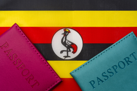 Against the flag of Uganda is a passport. The concept of travel and tourism.の写真素材