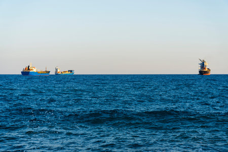 Ship in the Mediterranean sea off the coast of Cyprus. Ships near the port city of Limassol Cyprus.