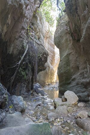 Sunlit multicolored rocks of Avakas Gorge in Cyprus. The concept of tourism and travel.の写真素材