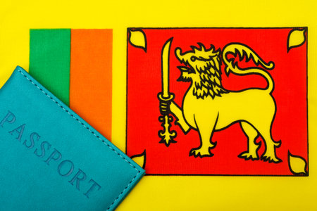 On the background of the flag of Sri Lanka is a passport. The concept of travel and tourism.