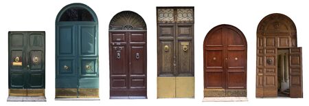 collage of old wooden doors isolated on white background. Italian old doors.の写真素材