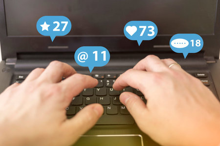 Social media marketing SMM, likes, followers and comment on internet, online business, hands typing...
