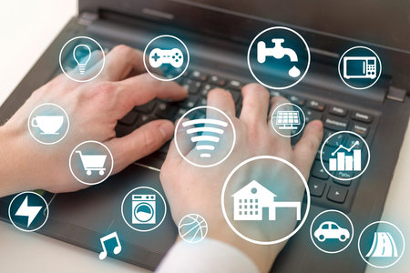 Icons of home and life on the computer background. The concept of a smart home and life in the...
