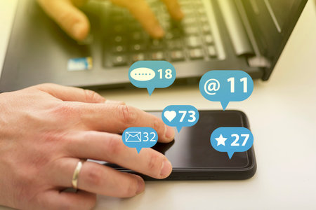 Social media marketing SMM, likes, followers and comment on internet, online business, hands typing...