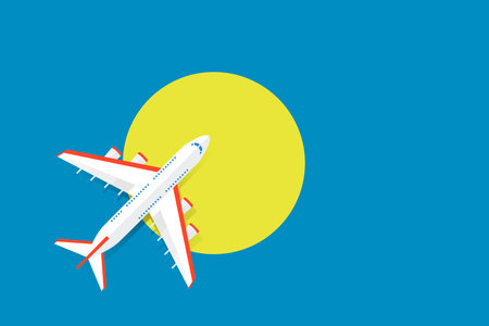 Vector Illustration of a passenger plane flying over the flag of Palau. Concept of tourism and...
