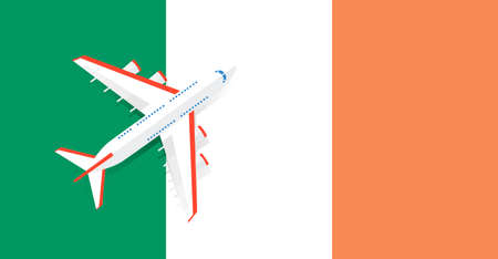 Vector Illustration of a passenger plane flying over the flag of Ireland. Concept of tourism and travelのイラスト素材