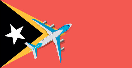 Vector Illustration of a passenger plane flying over the flag of East Timor. Concept of tourism and travelのイラスト素材