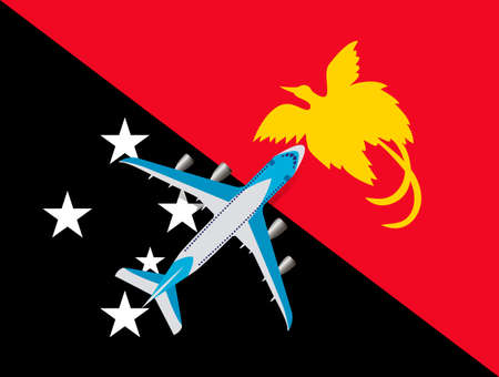 Vector Illustration of a passenger plane flying over the flag of Papua. Concept of tourism and travelのイラスト素材