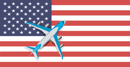 Vector Illustration of a passenger plane flying over the flag of the United States of America. Concept of tourism and travelのイラスト素材
