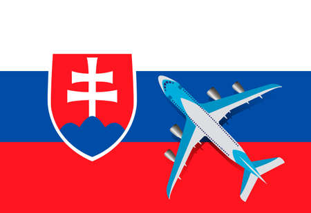 Vector Illustration of a passenger plane flying over the flag of Slovakia. Concept of tourism and travelのイラスト素材