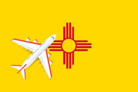 Vector Illustration of a passenger plane flying over the new Mexico flag. Concept of tourism and travelのイラスト素材