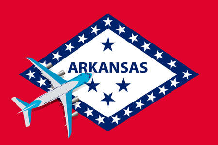 Vector Illustration of a passenger plane flying over the Arkansas flag. Concept of tourism and travelのイラスト素材