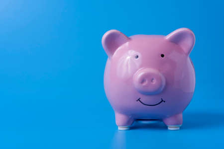 Cute pink piggy Bank On a blue background for savings and purchases. The concept of money accumulation and prospects.の写真素材