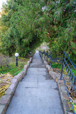 Stairs down on an autumn day in the city Park in the city of Vladimir. The concept of a journey through the Golden ring.の写真素材