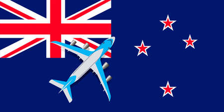 Vector Illustration of a passenger plane flying over the flag of New Zealand. The concept of tourism and travelのイラスト素材