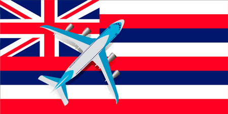 Vector Illustration of a passenger plane flying over the flag of Hawaii. The concept of tourism and travelのイラスト素材