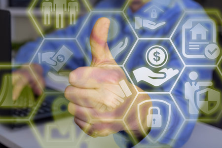 Thumbs up, men's hand, and credit icons. The concept of loan approval.