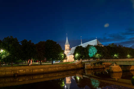 Kaliningrad, Russia On June 5, 2021, the historic Lutheran Cathedral in Kaliningrad at night. The concept of beauty at night.のeditorial素材