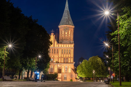 Kaliningrad, Russia On June 5, 2021, the historic Lutheran Cathedral in Kaliningrad at night. The concept of beauty at night.のeditorial素材