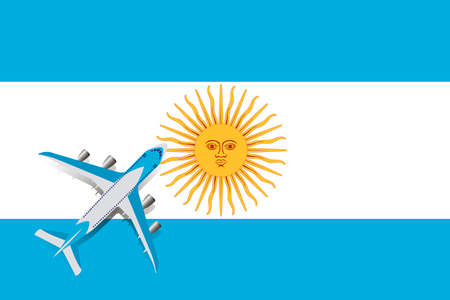 Vector Illustration of a passenger plane flying over the flag of Argentina. The concept of travel and tourism.のイラスト素材