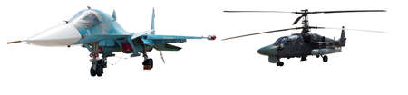 A Su-27 military aircraft and a Black Shark helicopter, Soviet-made on a white background. The concept of military power.の写真素材
