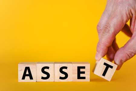Asset is a word made of wooden blocks with letters on a yellow background. The concept of useful or valuable assets, a financial concept.の写真素材