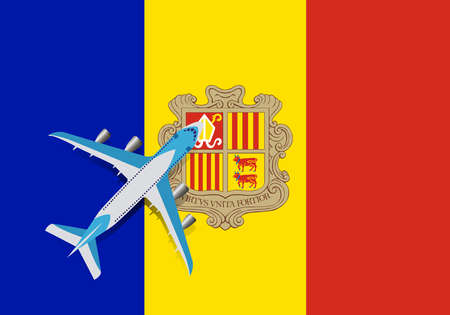 Plane and flag of Andorra. Travel concept for design. The plane flies over the flag of Andorra.のイラスト素材