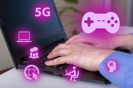 Gaming pad symbol, esport, video controller, 5g game and cyber sport. Futuristic abstract concept 3d rendering illustration.の写真素材