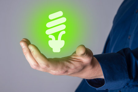 Hands holding the energy-saving light bulb icon. The concept of saving electricity.の写真素材