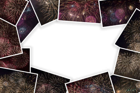 Collage of photos of fireworks on a white background. The concept of a holiday with fireworks.の写真素材