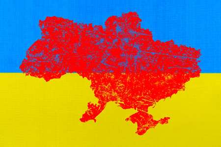 The Ukrainian flag and the red borders of the seal on it. The concept of borders in Ukraine.の写真素材