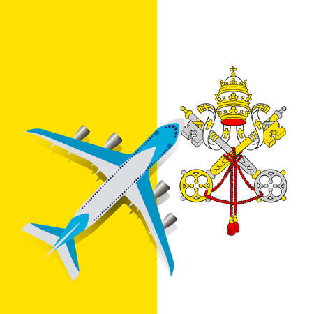 Plane and flag of Vatican City Holy See. Travel concept design. The plane flies over the flag of the Vatican.のイラスト素材