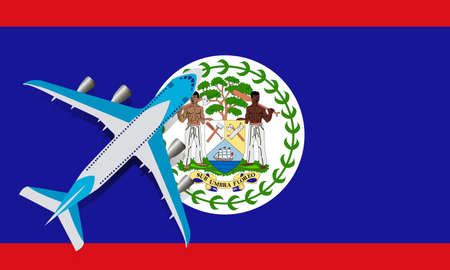 Plane and flag of Belize. Travel concept design. The plane flies over the flag of Belize.のイラスト素材