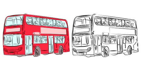 London double-decker modern bus in red and pencil drawing with front view. red bus.のイラスト素材