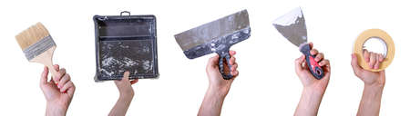 Hands of handyman with tools. House renovation and construction. Collage of hands with trowel, brush, labor day.の写真素材