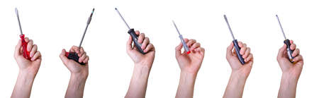 Male hand holding screwdriver isolated on white background. Collage. multiple imageの写真素材